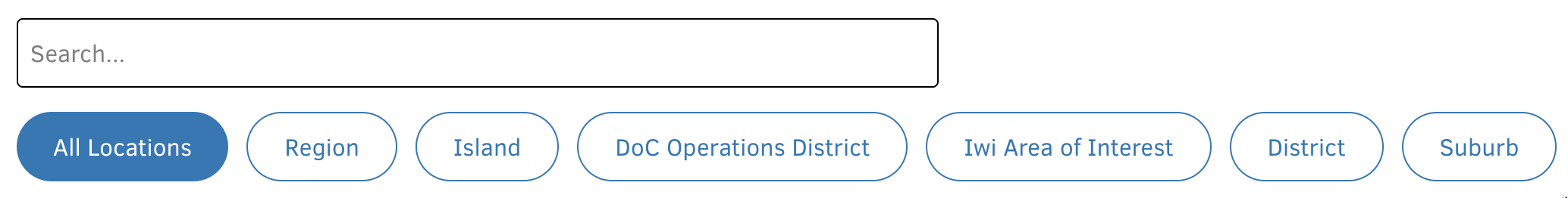 Search box with buttons to filter by Region, District, Suburb etc.