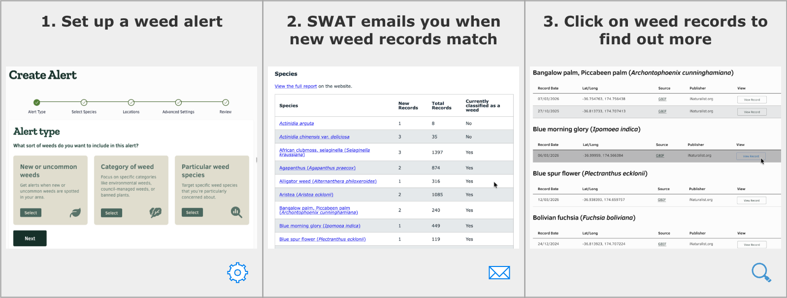 How SWAT works - set up an alert, receive a notification, click on weed records