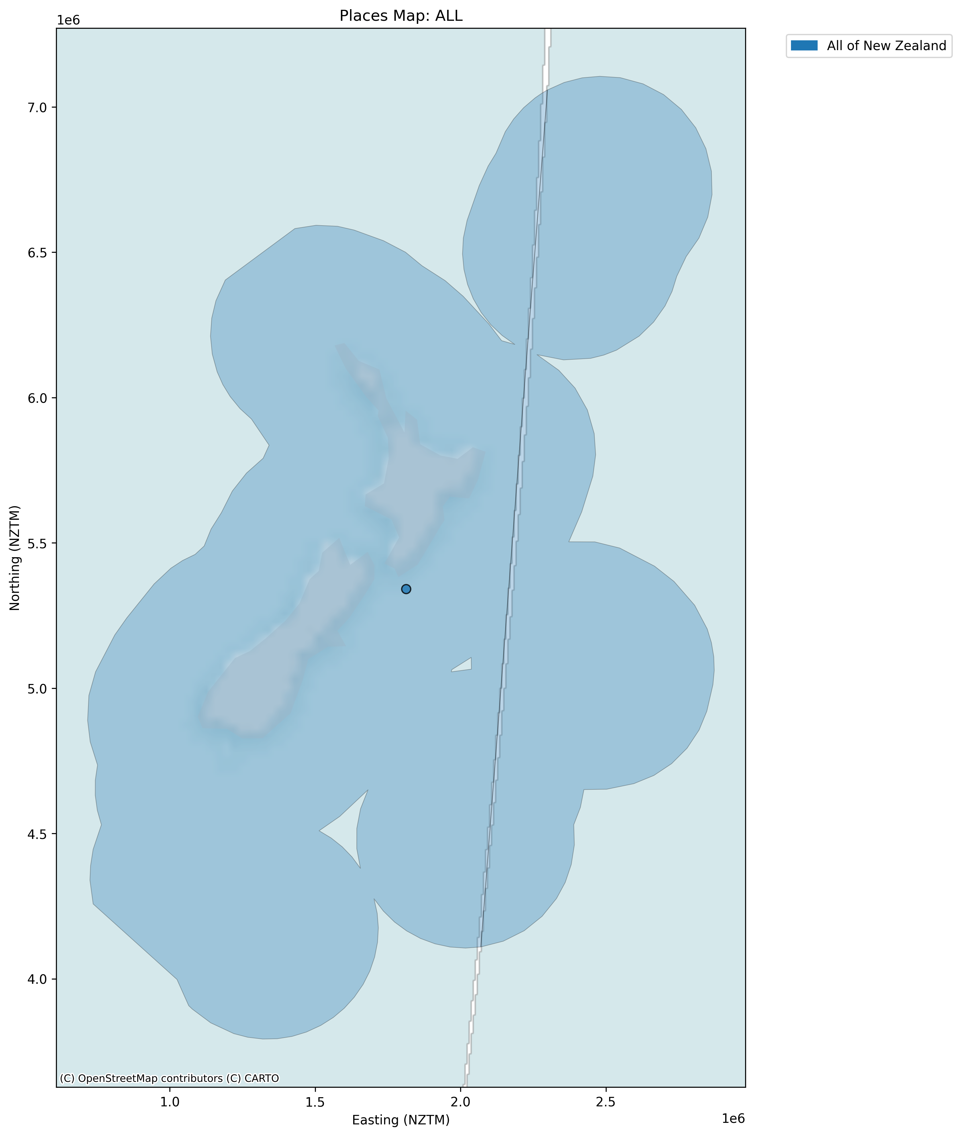 A map showing the extent of All of New Zealand, reaching a significant distance offshore