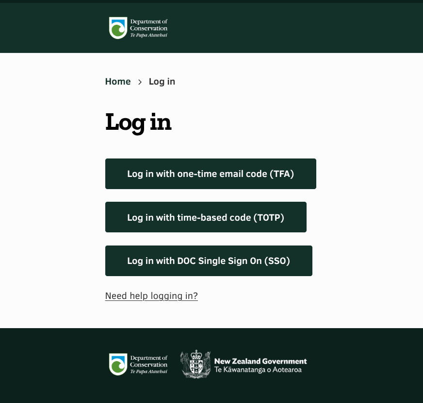 A page titled "Log in" with a list of buttons: "Log in with one-time email code (TFA)", "Log in with time-based code (TOTP)", "Log in with Doc Single Sign On (SSO)"